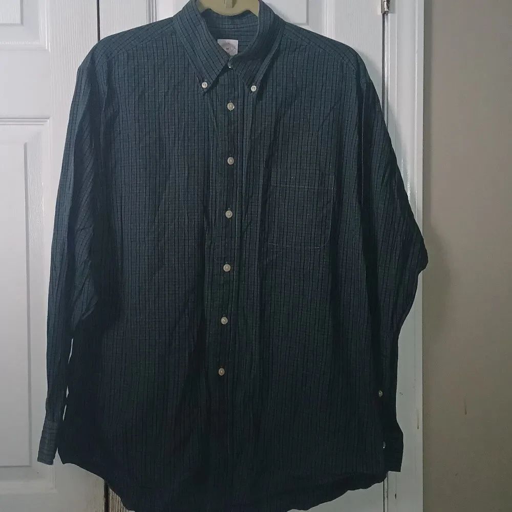 Brooks Brothers Original Polo Shirt green blue plaid long sleeve button Sz M